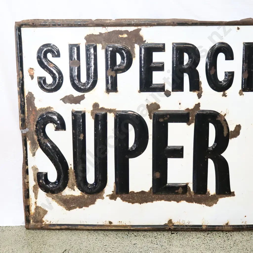 Size 1.82m Long x 91cm High. Enamel sign, orginal, no touch ups. Heavily Embossed.