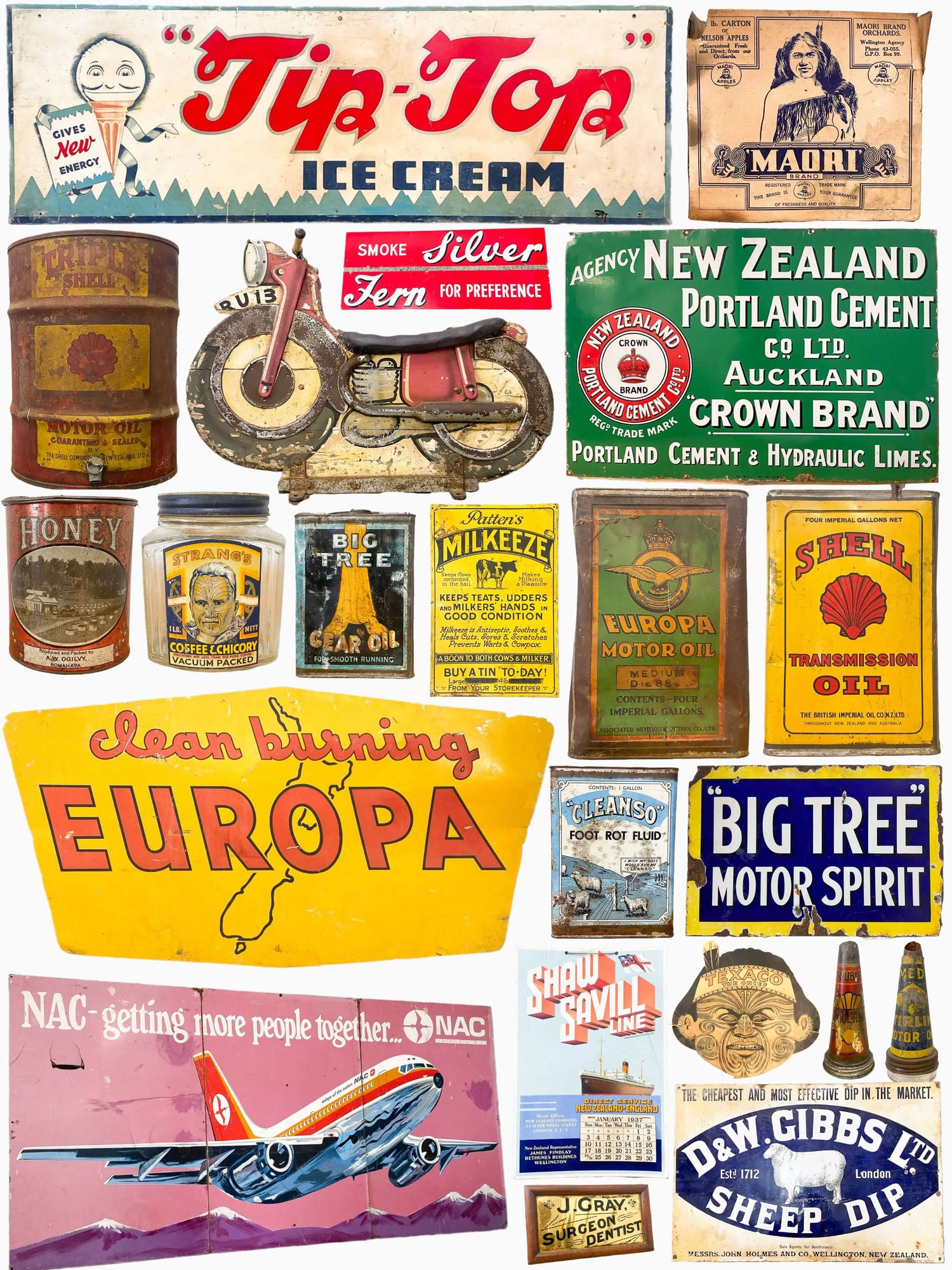 Enamel signs, big tree motor oil, europa, Tip Top Icecream, antiques, collector auctions