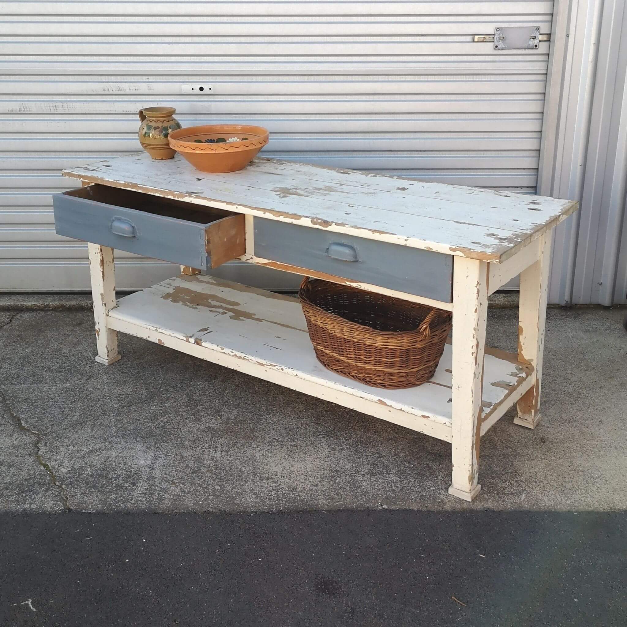 White paint antique kitchen island with blue draws