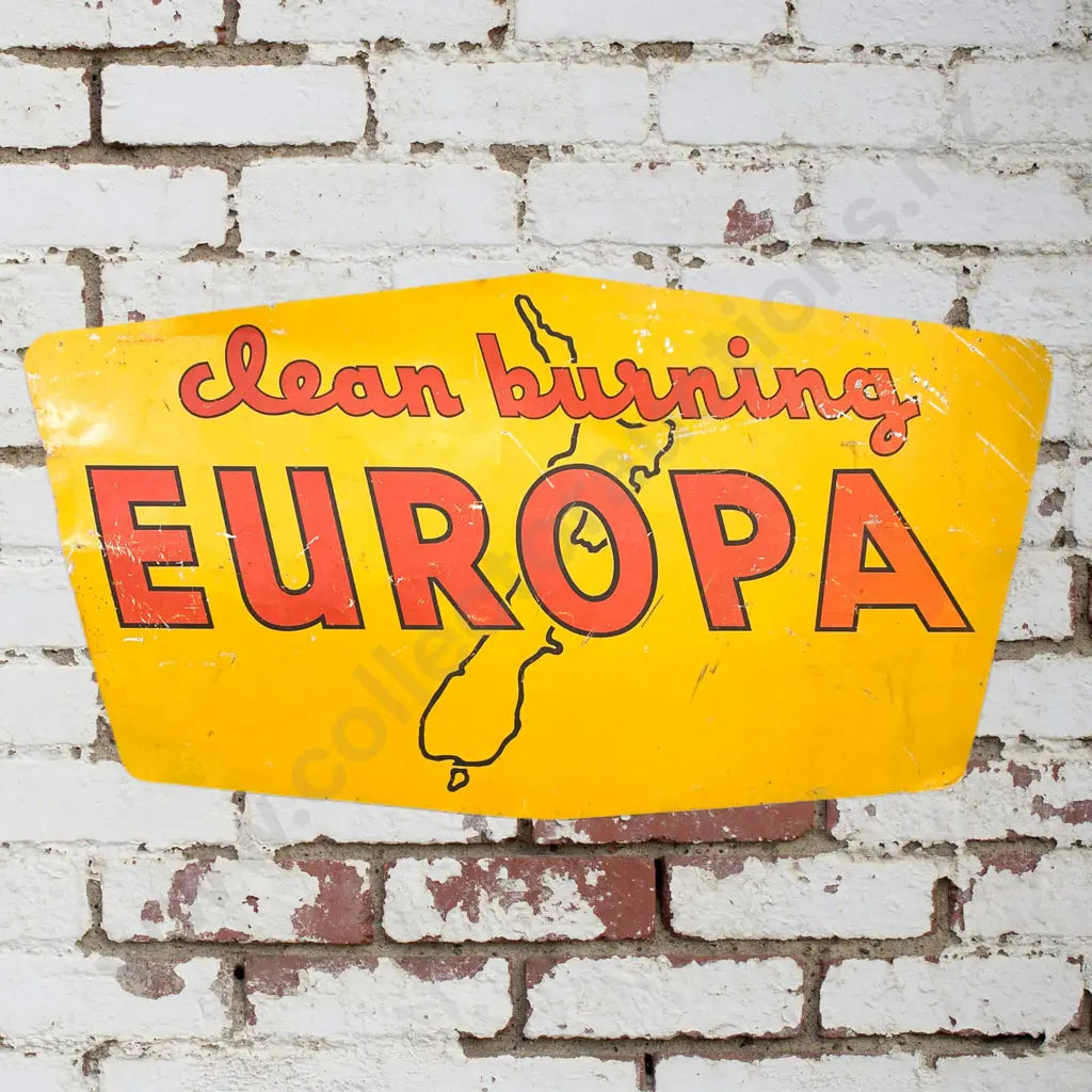 Size 2.32m Long x 1.21cm High. Tin sign, screen printed, light scratching. Condition very good. From Waitara Europa Station, New Plymouth.