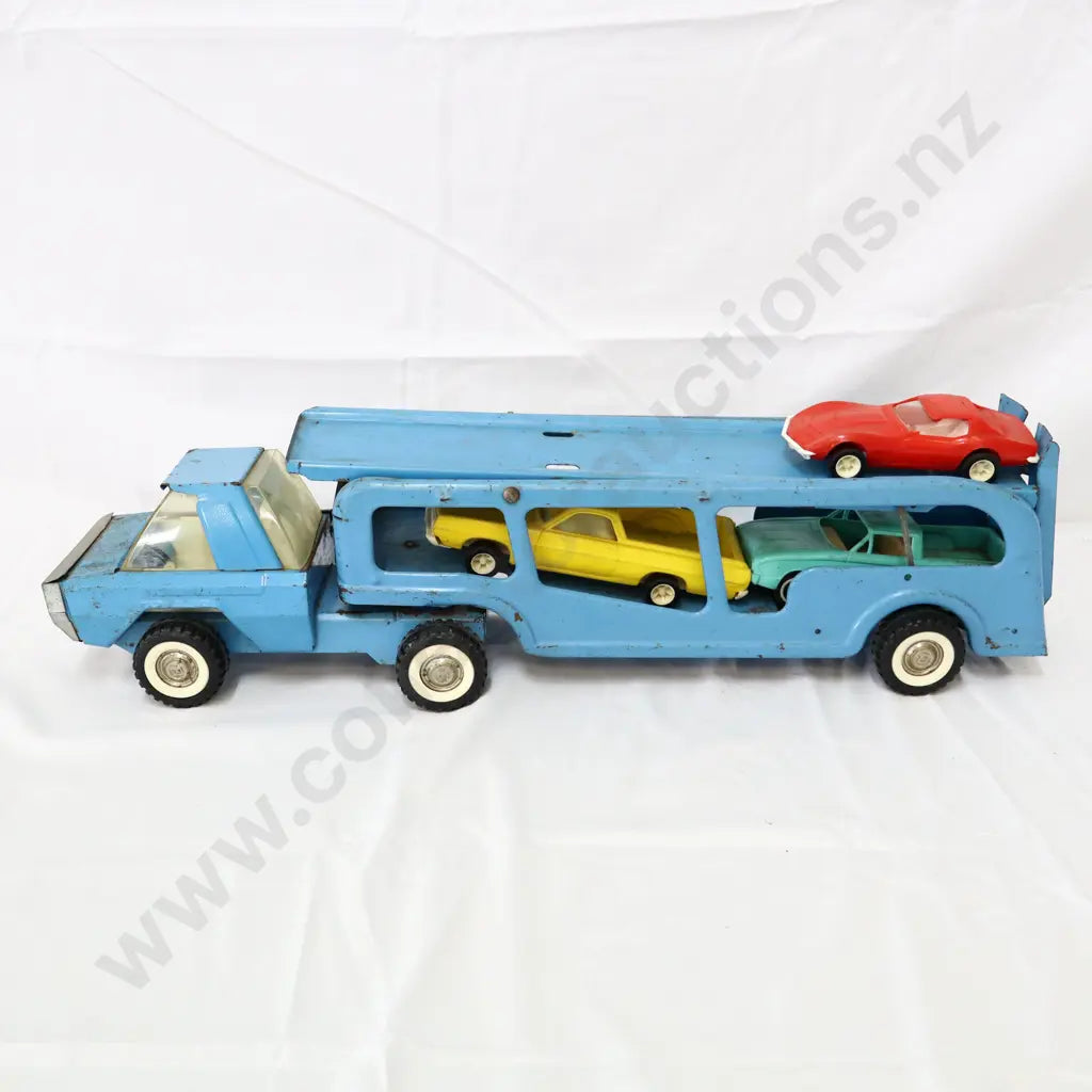 71 x 16 x 18 cm aprox good condition includes 3 x plastic cars