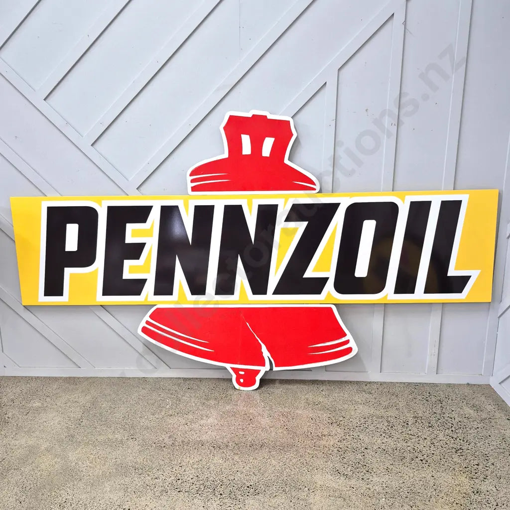 Size 2.88m Long x 1.69m High. LARGE Wooden Cut Out Pennzoil Sign With Bell in three pieces.