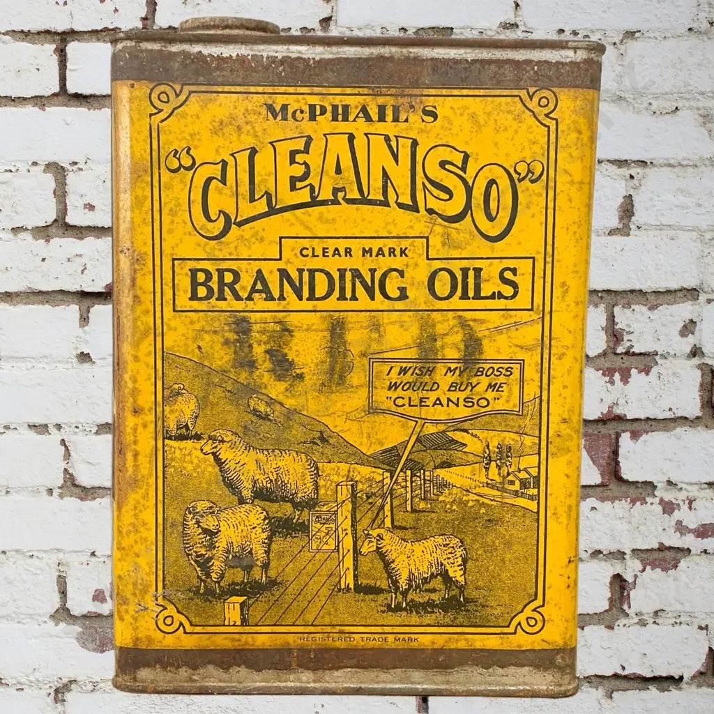 Size 13cm long x 12cm wide x 17cm high. Unopened with contents, slight surface rusting, great Kiwiana pictorial. Condition good.