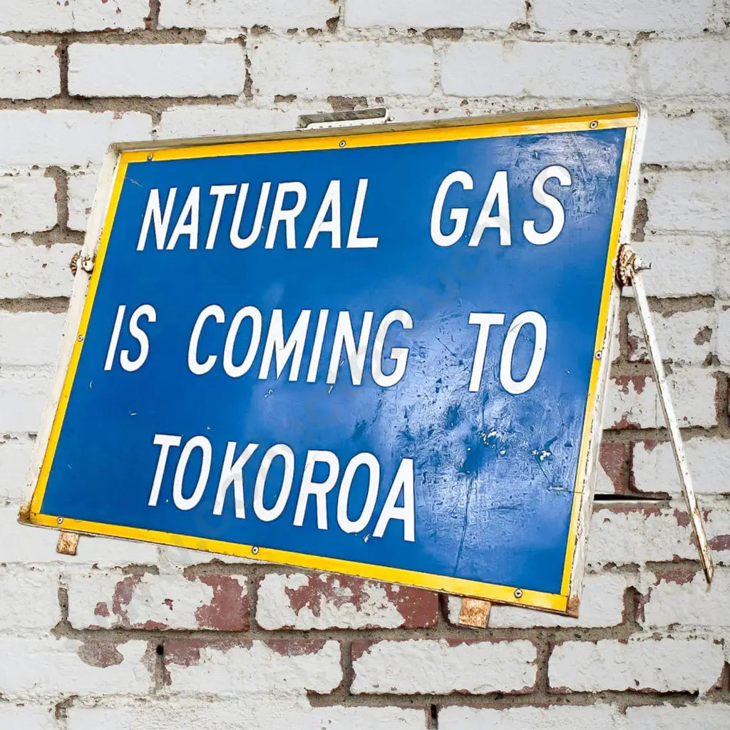 Size 91cm Long x 3cm Wide x 64cm High. Old road sign, when did Tokoroa get gas??