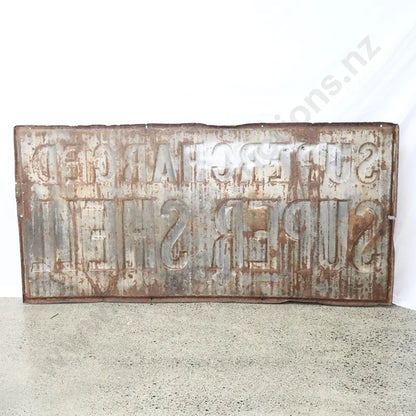 Size 1.82m Long x 91cm High. Enamel sign, orginal, no touch ups. Heavily Embossed.