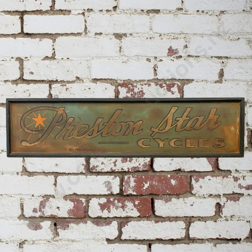 Size 1.83m Long x 46cm High. Early sign, pre 1920s. Reflective glass paint on tin. Australian bicycle brand.