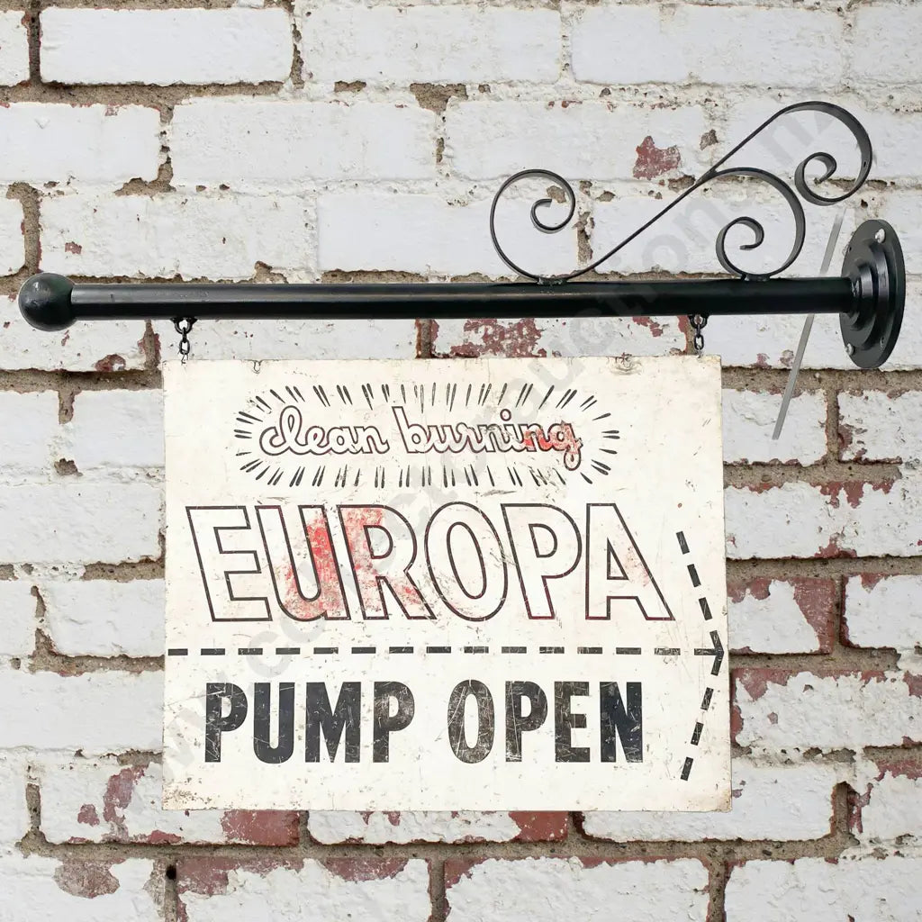 Size sign 76cm x 61cm. Hanging Bracket 1.15m long Screen printed on metal, double sided on black painted bracket. Fading.