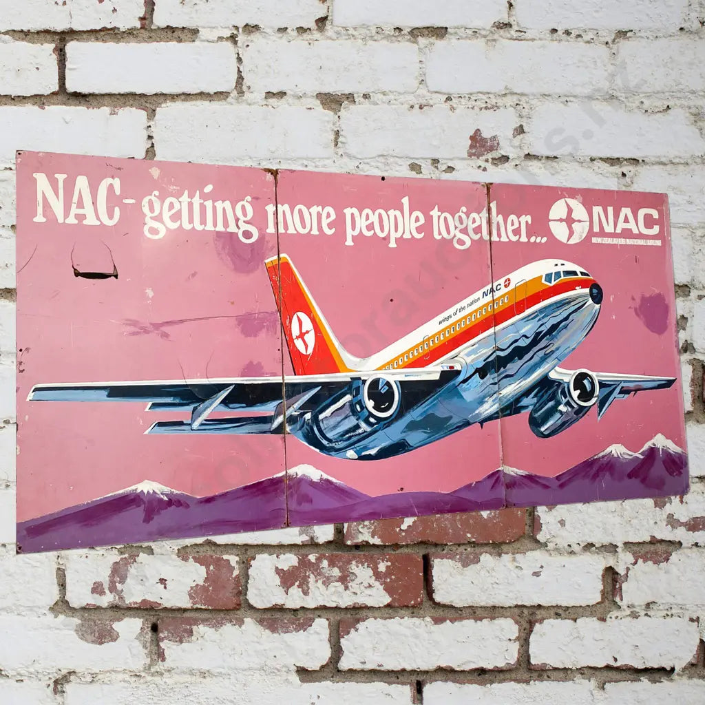 Size 3.66m long x 1.83m High. Hand painted in three panels. Dating to 1965 I have been told (Engine shrouds on jets). Bloody cool.