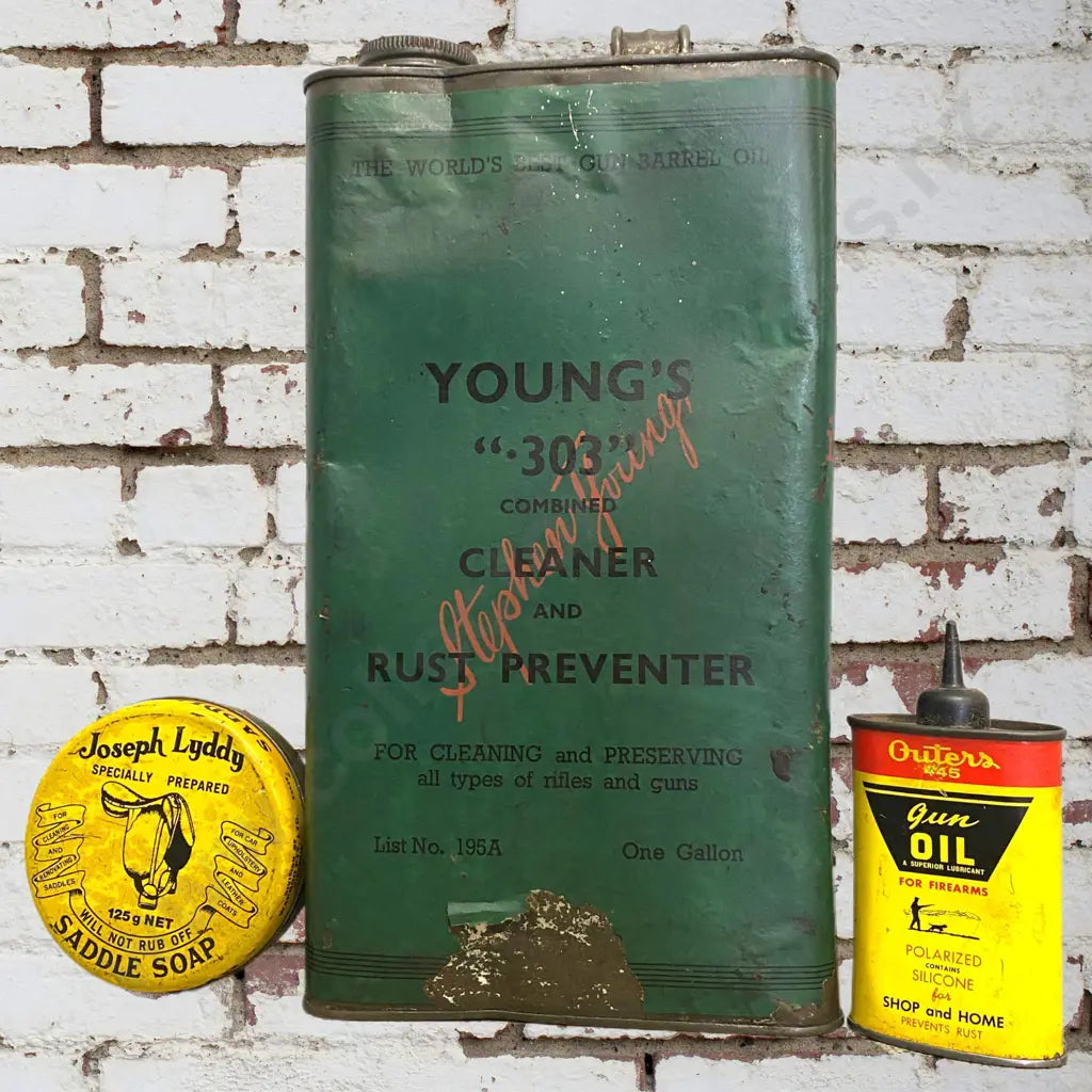 Size varies from 29cm - 10cm tall. Varying conditions, 303 tin is paper label.