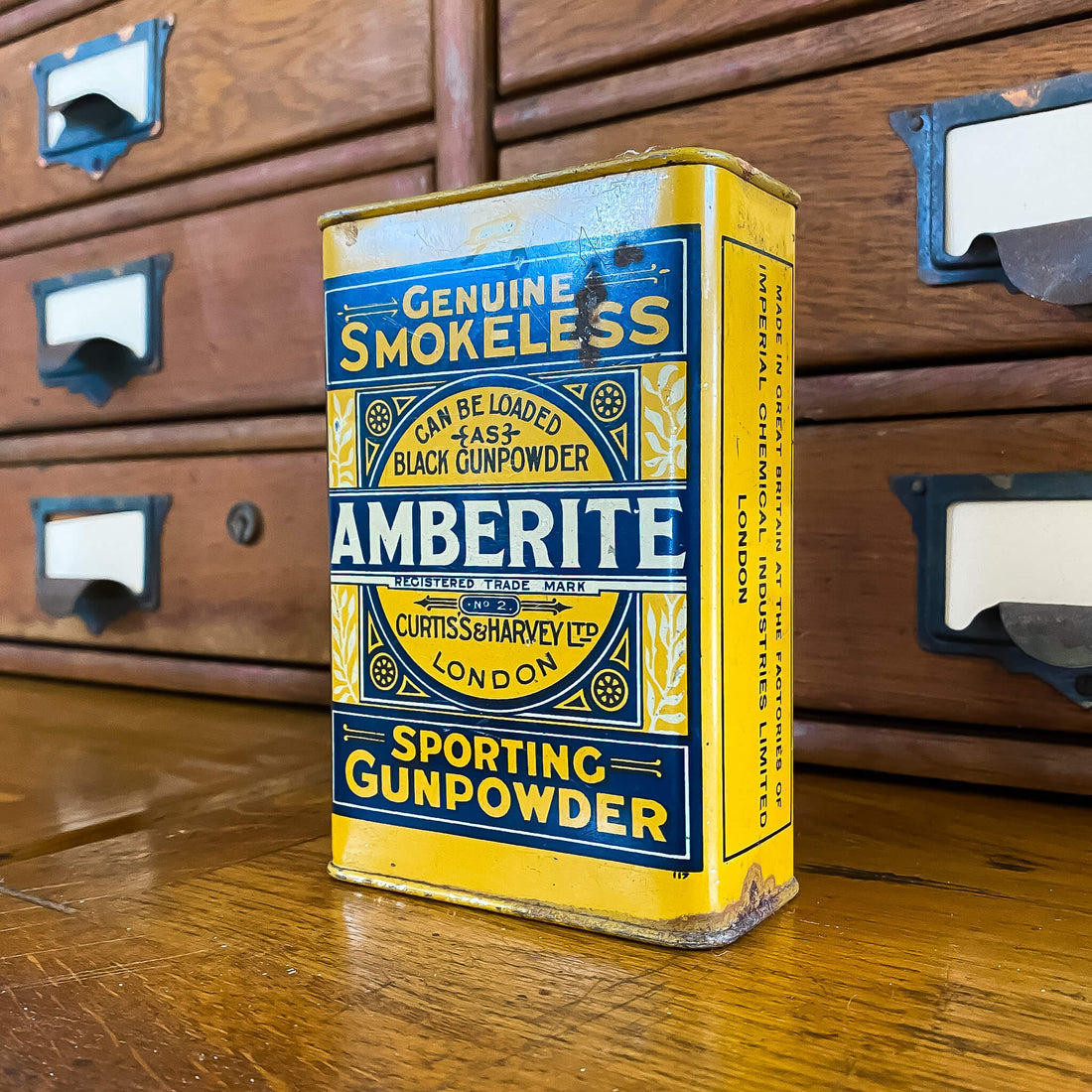 Antique Amberite Gunpowder Tin