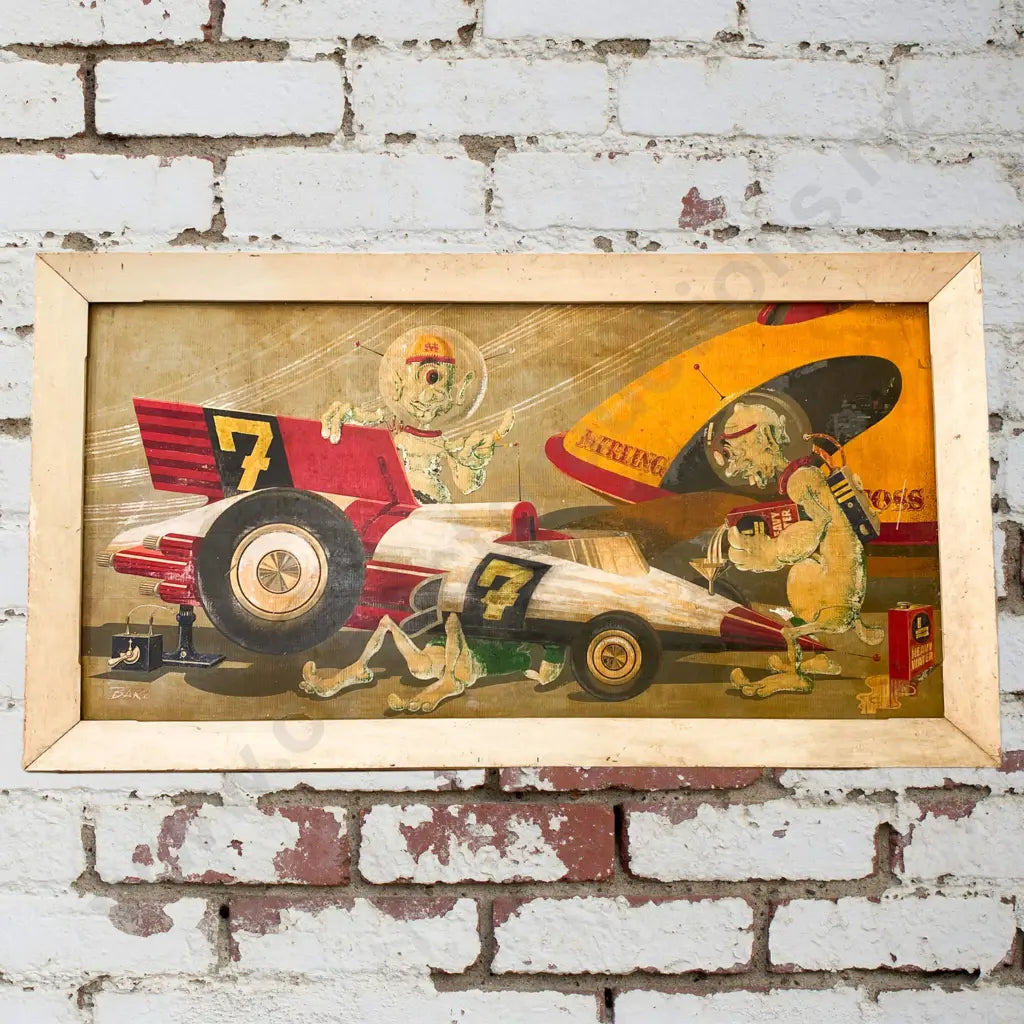 Size Frame 2.64m long x 1.45m high Painting 2.4m long x 1.2m high. A heroic portrayal of Stirling Moss and his number 7 car. Stirling is a famous British racing car driver and was born in 1929. Circa 1950s.