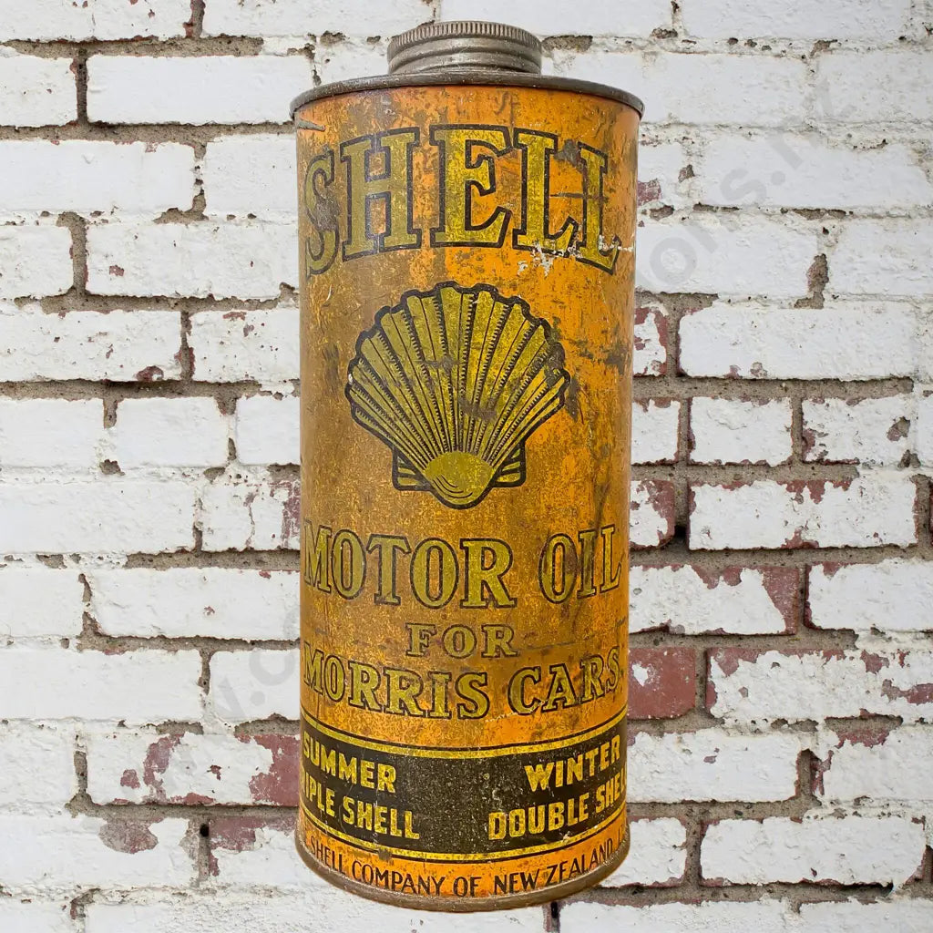 Size 20cm High x 9cm Diameter. Unusual early Shell Oil tin.
