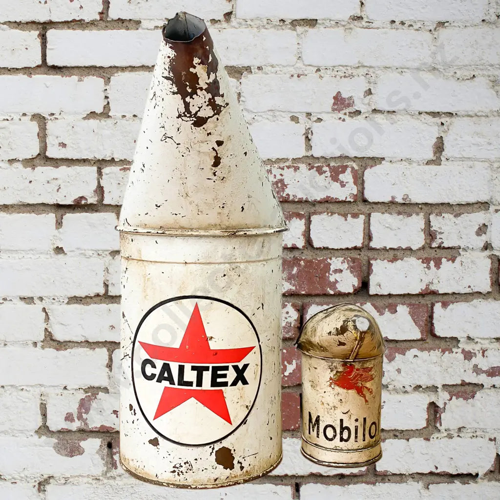 Size Mobil 18cm High, Caltex 44cm high. Condition fair.