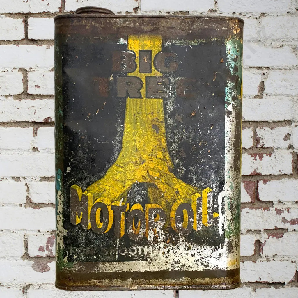 Size 18cm Long x 11cm Wide x 25cm Tall. Early 1930s tin sealed with original Big Tree Oil