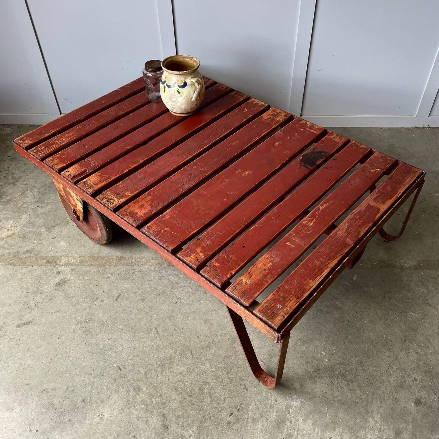 Top of a vintage industrial coffee table