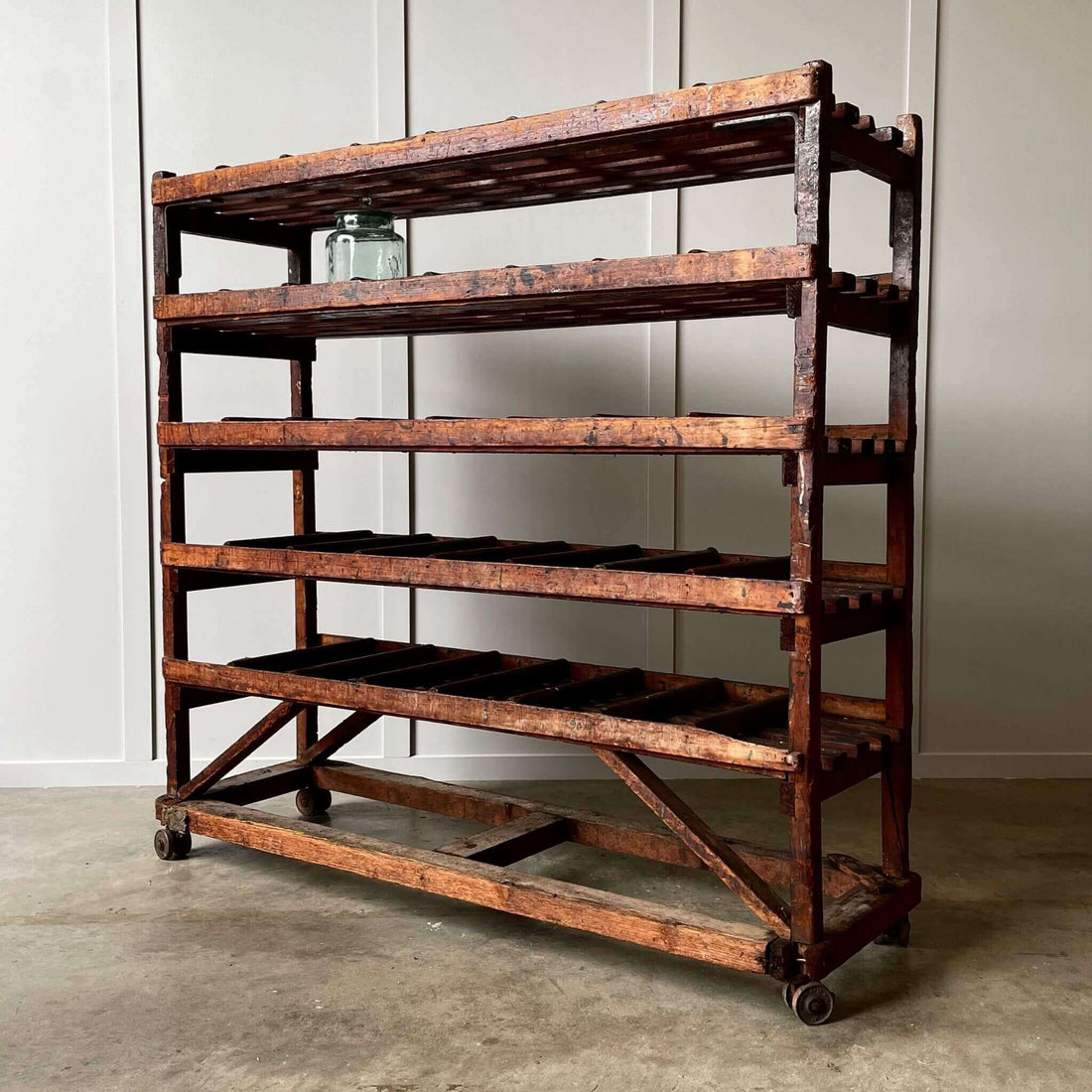 Wooden shelves on castors