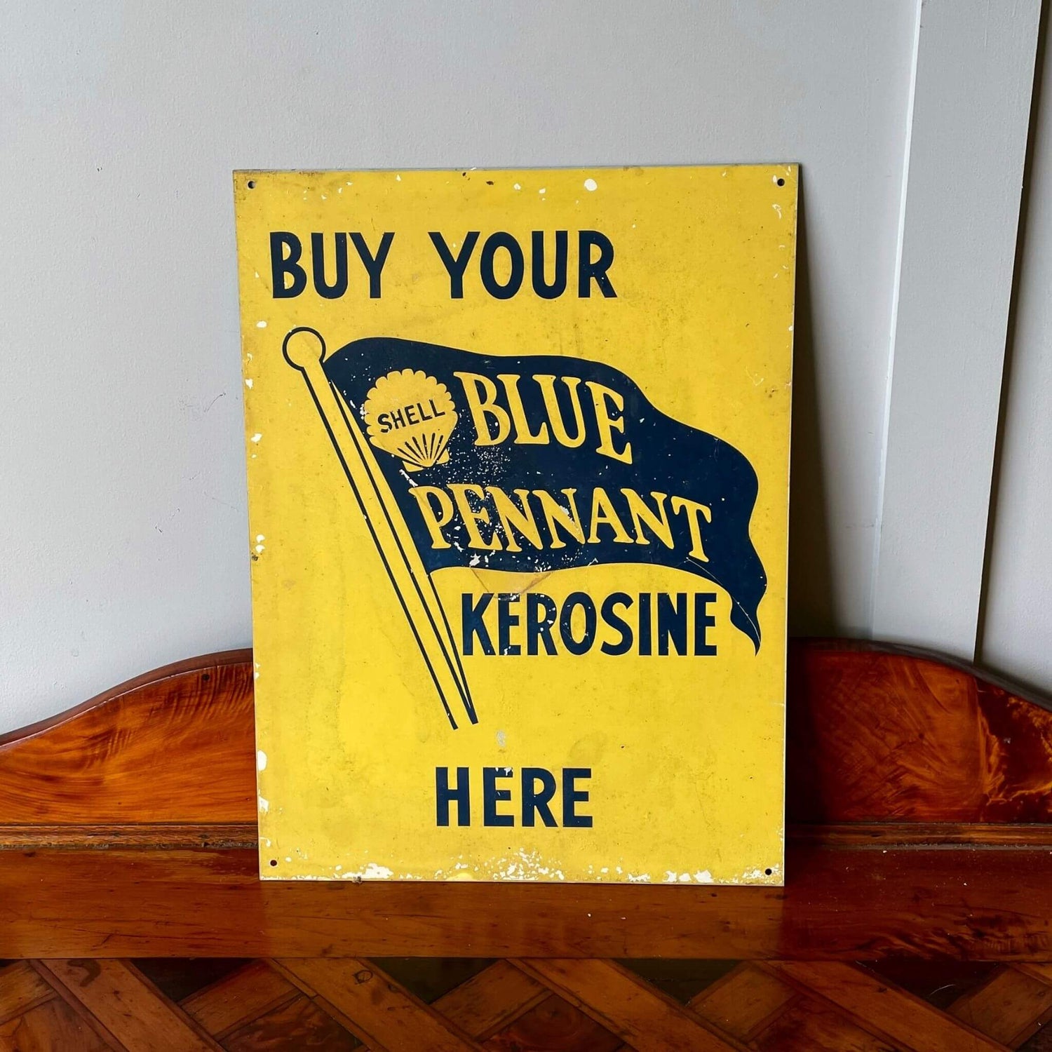 A vintage advertising sign Shell Blue Pennant Kerosine Petrol bowser sign.