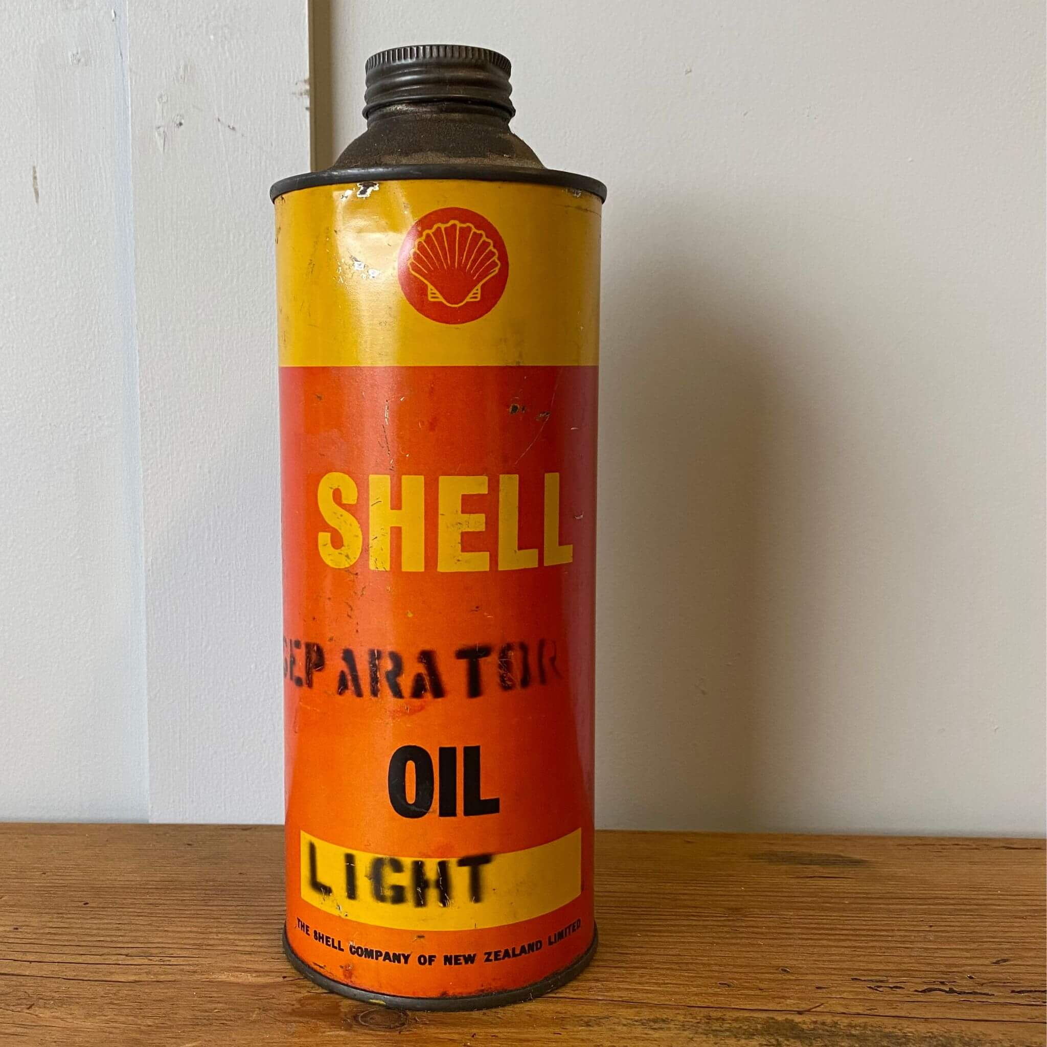 Vintage garage collectible Shell Stickman Tin
