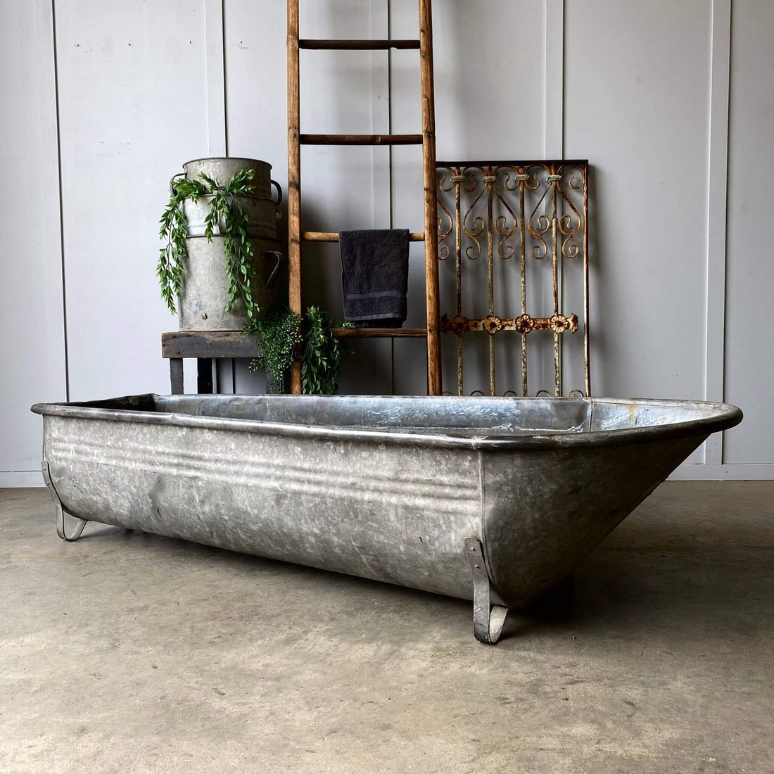 Vintage garden decor, antique tin bath tub